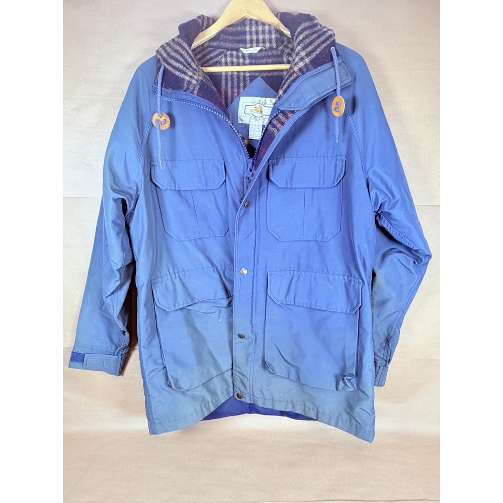 Clear Creek Mens L Blue Hooded Field Jacket Plaid Wool Blend Lined Taiwan